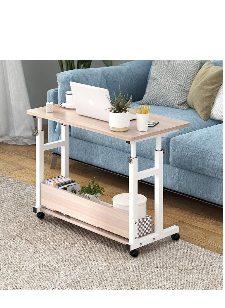 Home Office Desk, Height Adjustable Laptop Table with Shelf, Portable Small Computer Desk with Rolling Wheel, Modern Side Table for Work Study Reading,Stable and Durable, 80 * 40 * 60-90cm. (white maple)