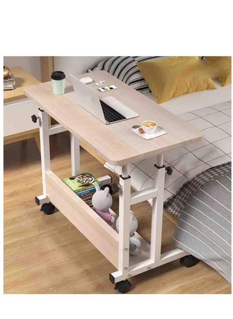 Home Office Desk, Height Adjustable Laptop Table with Shelf, Portable Small Computer Desk with Rolling Wheel, Modern Side Table for Work Study Reading,Stable and Durable, 80 * 40 * 60-90cm. (white maple)