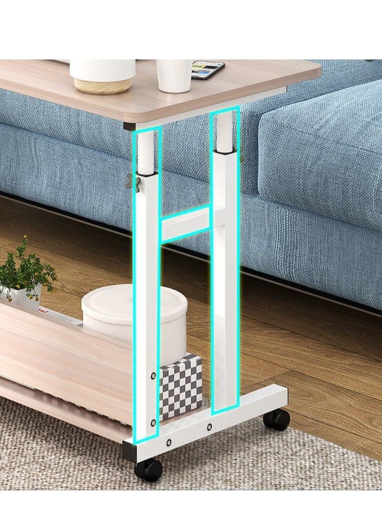 Home Office Desk, Height Adjustable Laptop Table with Shelf, Portable Small Computer Desk with Rolling Wheel, Modern Side Table for Work Study Reading,Stable and Durable, 80 * 40 * 60-90cm. (white maple)
