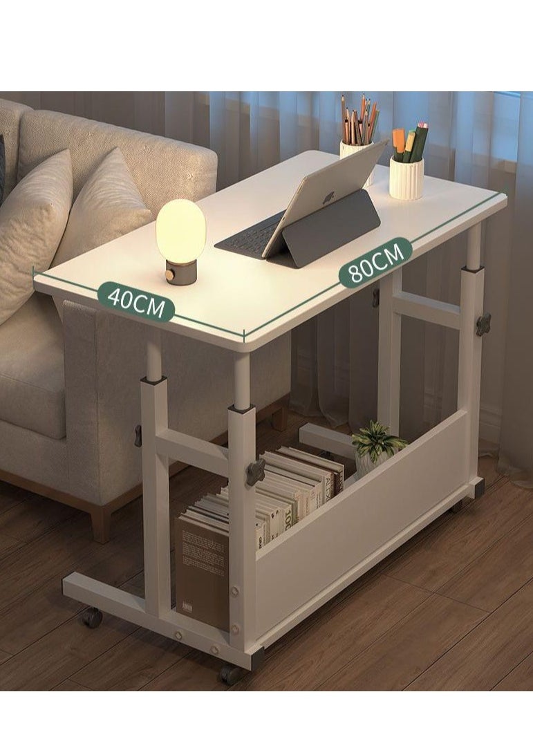 Home Office Desk, Height Adjustable Laptop Table with Shelf, Portable Small Computer Desk with Rolling Wheel, Modern Side Table for Work Study Reading,Stable and Durable, 80 * 40 * 60-90cm. (white maple)