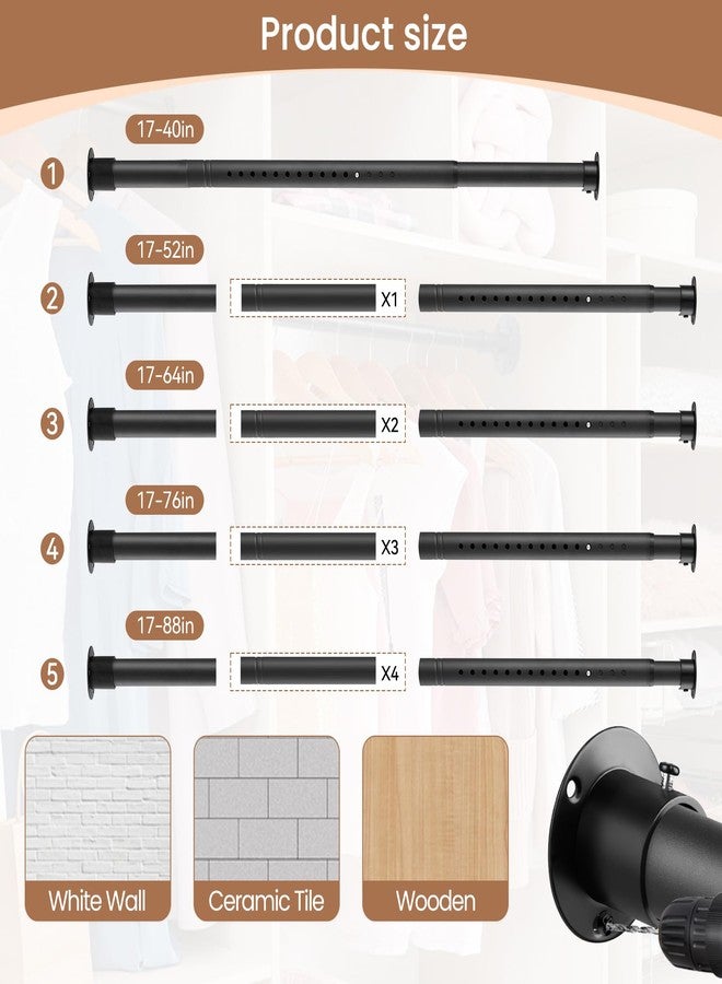 Luvenia Heavy Duty Closet Rods for Hanging Clothes, Metal Black 1.3 Inch Diameter Closet Rods 17-63 Inch Adjustable Clothes Hanging Bar Shower Curtain Rods for Closet, Wardrobes, Bathrooms, Windows - Image 5