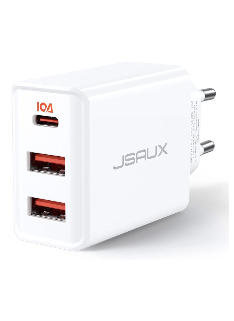 JSAUX - JSAUX 32W Charger USB C PD 3.0 [3 Ports 20W + 12W], USB-C Fast Charger Compatible with iPhone 15/14/13/12 Pro Max, Samsung Galaxy S23/S22/S21/A73/A53/A33, Pixel 7 Pro/6/6a/6 Pro, iPad Pro/Air - Image 1