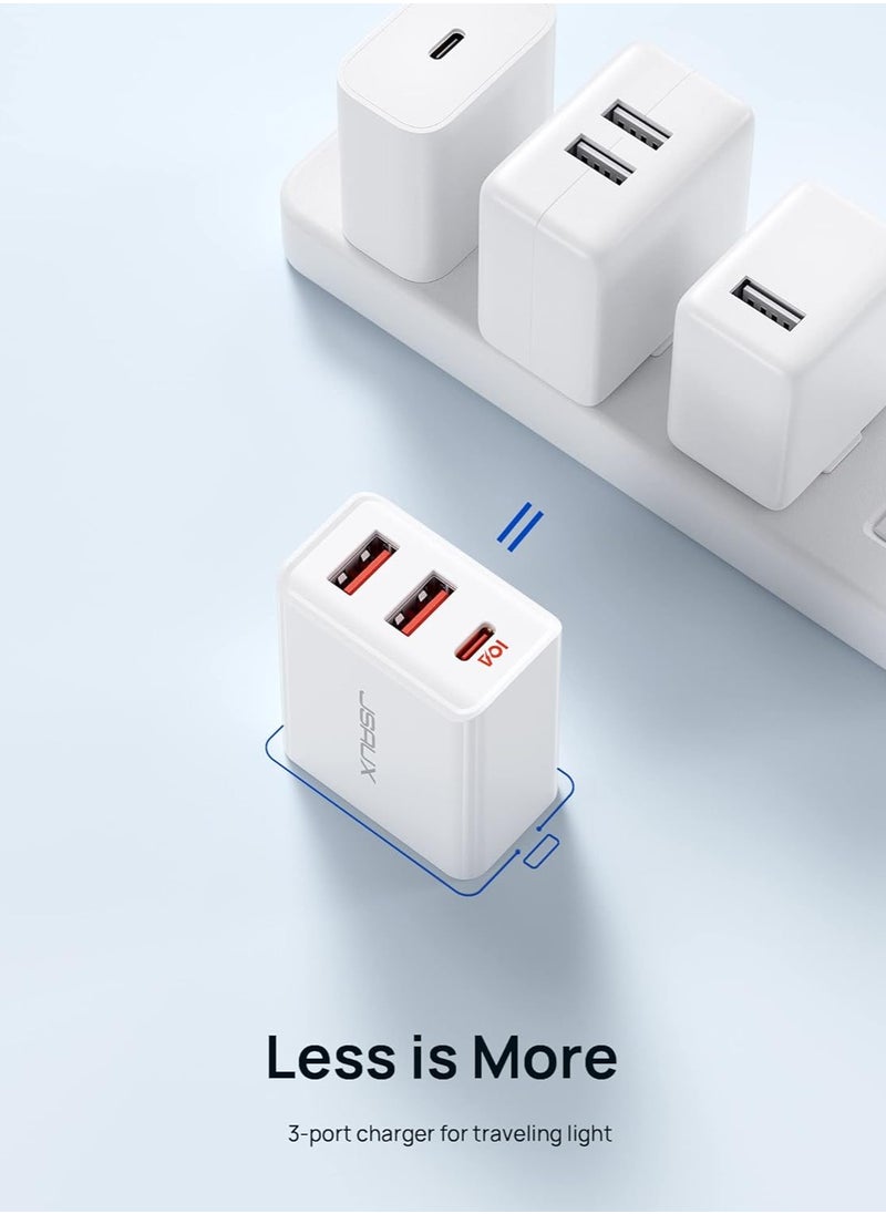 JSAUX - JSAUX 32W Charger USB C PD 3.0 [3 Ports 20W + 12W], USB-C Fast Charger Compatible with iPhone 15/14/13/12 Pro Max, Samsung Galaxy S23/S22/S21/A73/A53/A33, Pixel 7 Pro/6/6a/6 Pro, iPad Pro/Air - Image 1