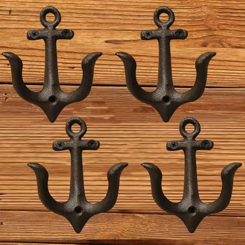EAEDMY Vintage Retro Cast Iron Nautical Anchor Hook Towel Coat Key Wall Hooks Coastal Bathroom Decor Including Screws 8Black 4pcs - Image 1