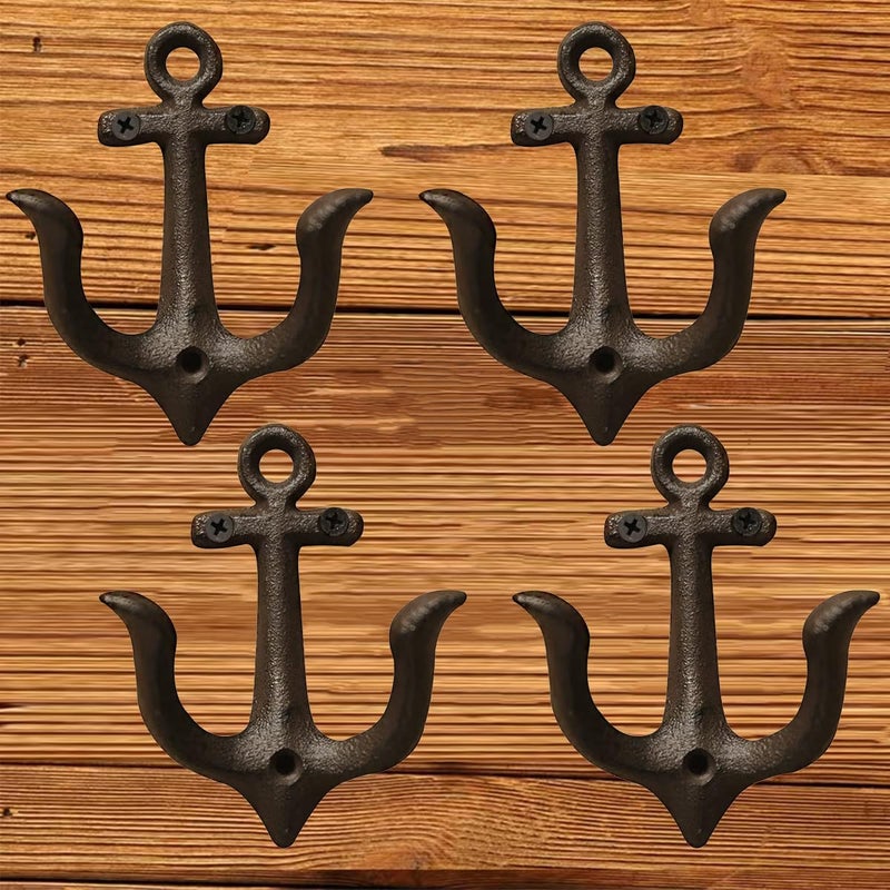 EAEDMY Vintage Retro Cast Iron Nautical Anchor Hook Towel Coat Key Wall Hooks Coastal Bathroom Decor Including Screws 8Black 4pcs - Image 2
