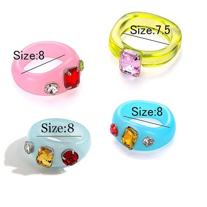 SEVENSTONE 10Pcs Resin Retro Acrylic Colorful Chunky Ring Cute Trendy Colorful Rhinestone Y2k Jewelry Plastic Resin Square Gem Stackable Chunky Rings for Women Set - Image 4
