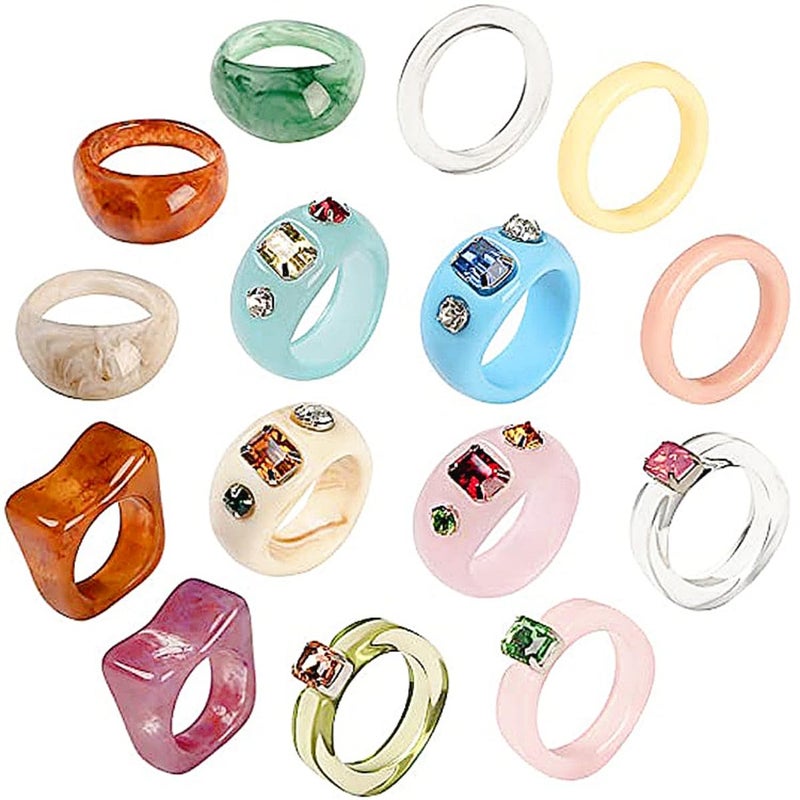 SEVENSTONE 10Pcs Resin Retro Acrylic Colorful Chunky Ring Cute Trendy Colorful Rhinestone Y2k Jewelry Plastic Resin Square Gem Stackable Chunky Rings for Women Set - Image 1