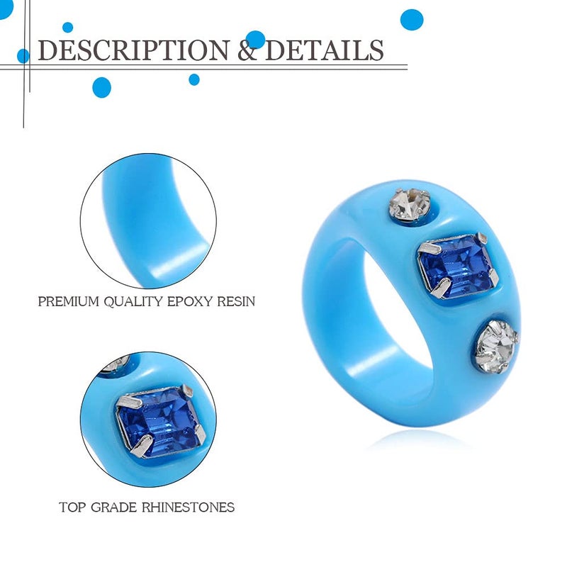 SEVENSTONE 10Pcs Resin Retro Acrylic Colorful Chunky Ring Cute Trendy Colorful Rhinestone Y2k Jewelry Plastic Resin Square Gem Stackable Chunky Rings for Women Set - Image 2