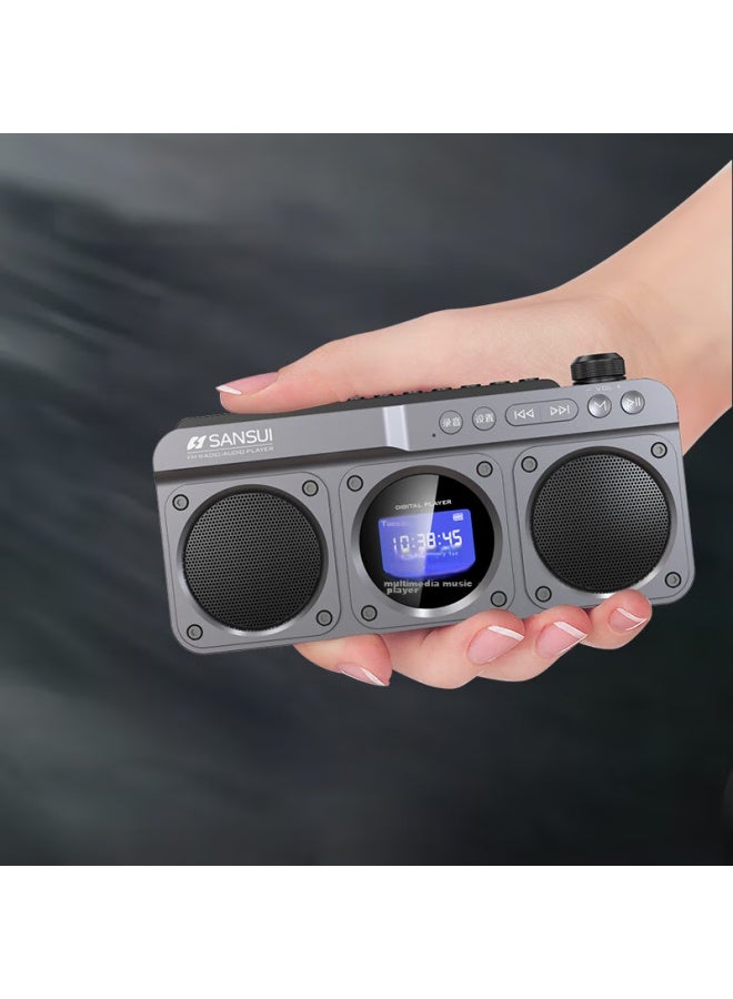 Sansui راديو M32 لكبار السن، قابل لإعادة الشحن، قابل لإدخال بطاقة، مكبر صوت صغير، محمول، ضبط FM، راديو بث، مكبر صوت بلوتوث، مشغل موسيقى، رمادي - Image 1