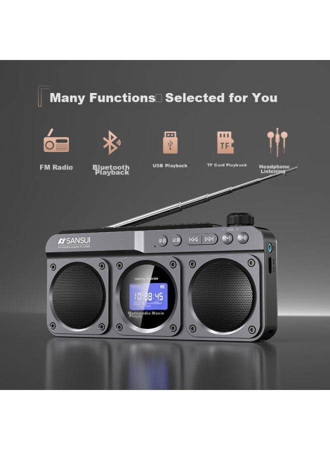 Sansui راديو M32 لكبار السن، قابل لإعادة الشحن، قابل لإدخال بطاقة، مكبر صوت صغير، محمول، ضبط FM، راديو بث، مكبر صوت بلوتوث، مشغل موسيقى، رمادي - Image 2