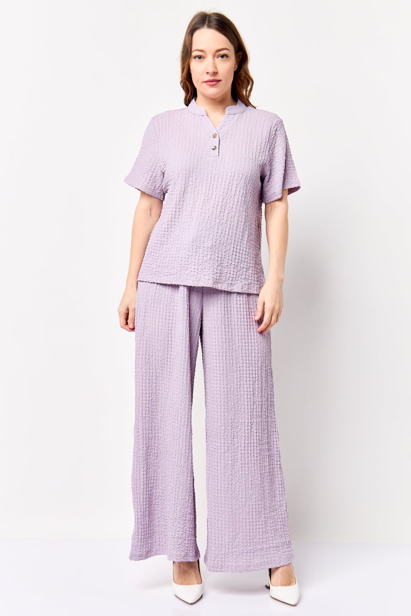 bebe Women 2 Pcs Textured Shirt And Palazzo Pants Set, Lavender - Image 1
