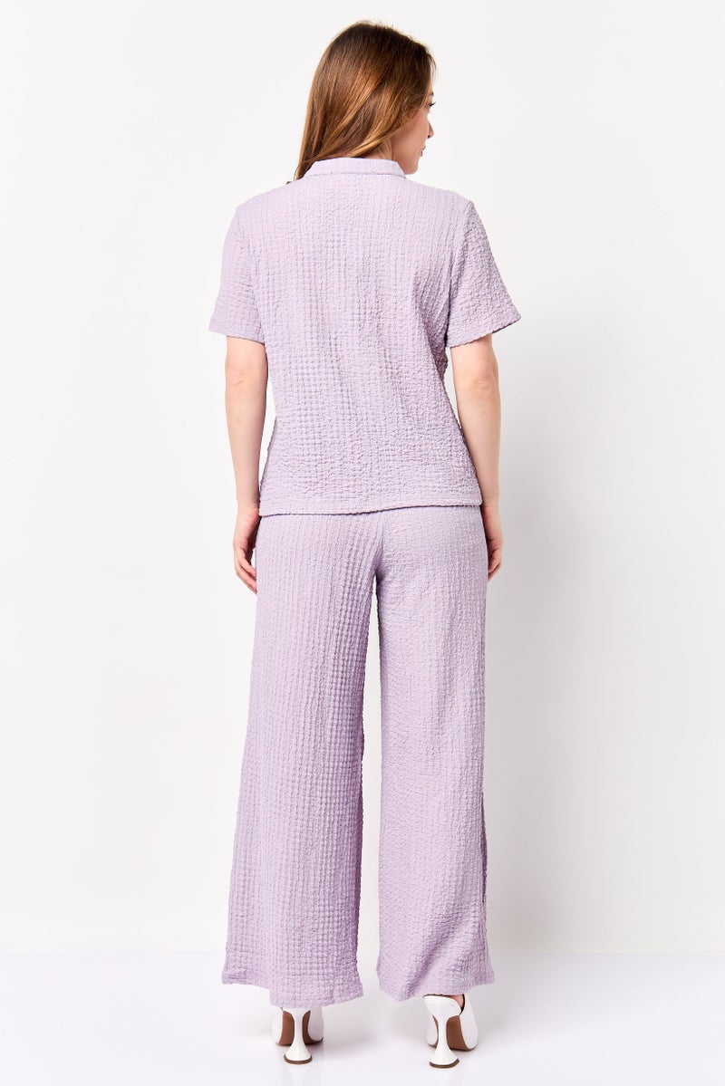 bebe Women 2 Pcs Textured Shirt And Palazzo Pants Set, Lavender - Image 3