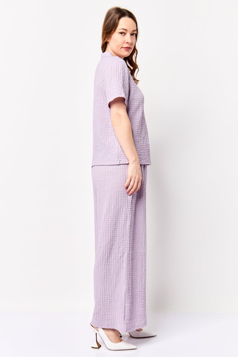 bebe Women 2 Pcs Textured Shirt And Palazzo Pants Set, Lavender - Image 4