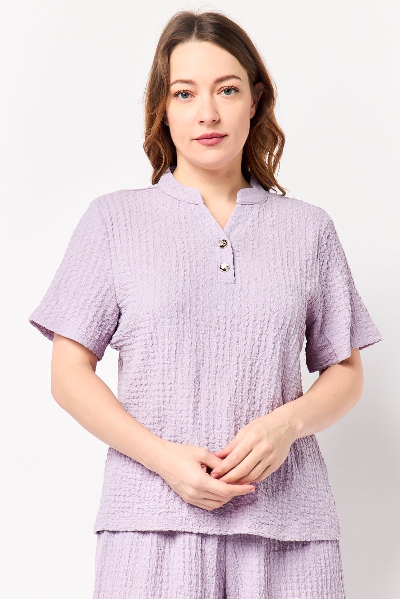 bebe Women 2 Pcs Textured Shirt And Palazzo Pants Set, Lavender - Image 2