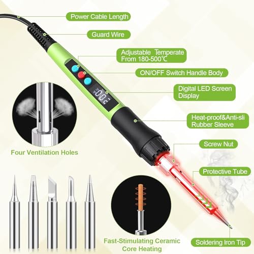 Q-MING Soldering Iron Kit, 100W LED Digital Solder Gun kits with Ceramic Heater, Adjustable Temperature Welding Tools with Tips, Wick Braid, Stand, Solders Wire, Sponge, Flux Paste - Image 2