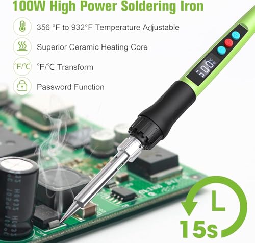 Q-MING Soldering Iron Kit, 100W LED Digital Solder Gun kits with Ceramic Heater, Adjustable Temperature Welding Tools with Tips, Wick Braid, Stand, Solders Wire, Sponge, Flux Paste - Image 5