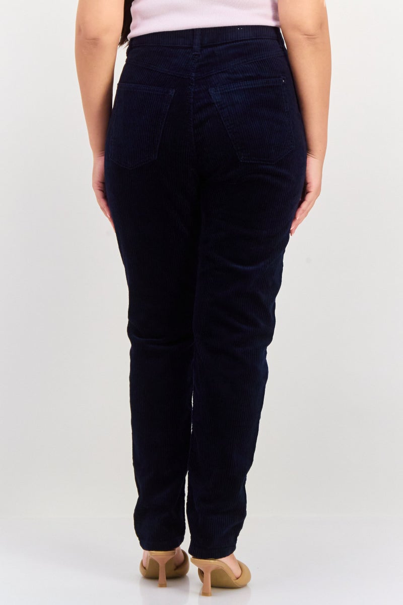 ESPRIT Women Mom Fit  Textured Corduroy Pants, Navy Blue - Image 2