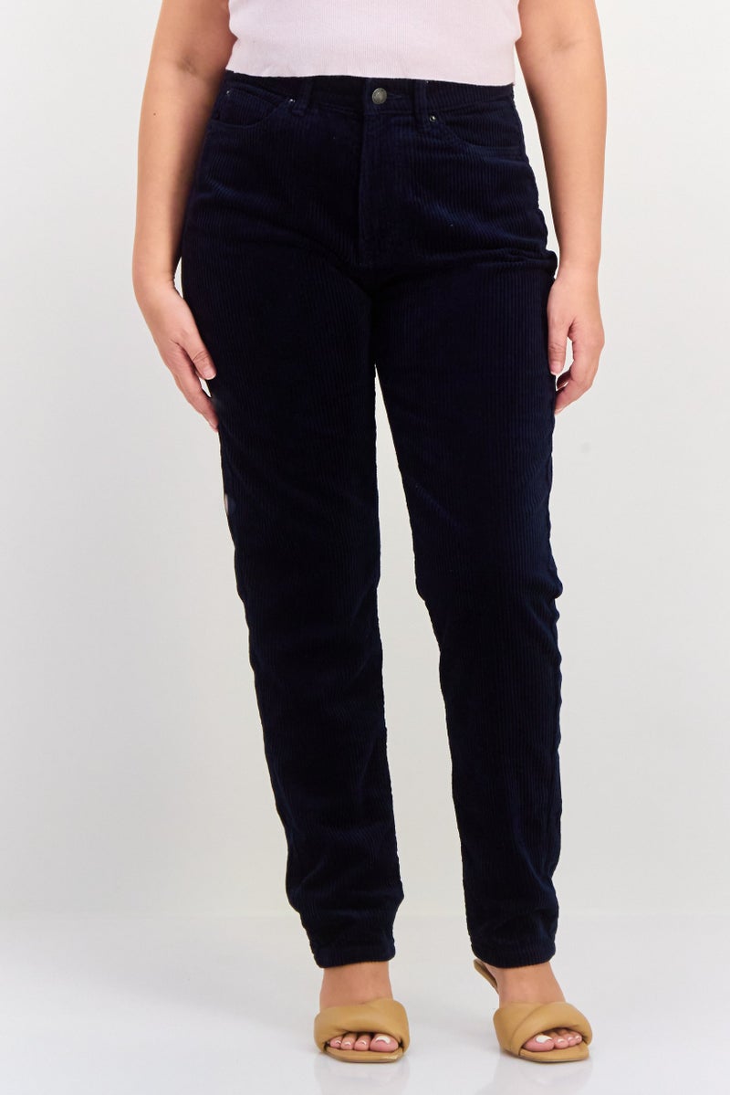 ESPRIT Women Mom Fit  Textured Corduroy Pants, Navy Blue - Image 1