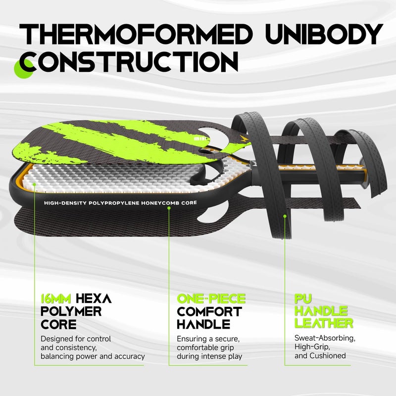 Warping Point Ascent Pickleball Paddles | Carbon Fiber Pickleball Racket with Aero Throat | Textured Grit Surface | 16mm Hexa Polymer Core | USAPA Approved | Designed for Control & Spin | Green - Image 4