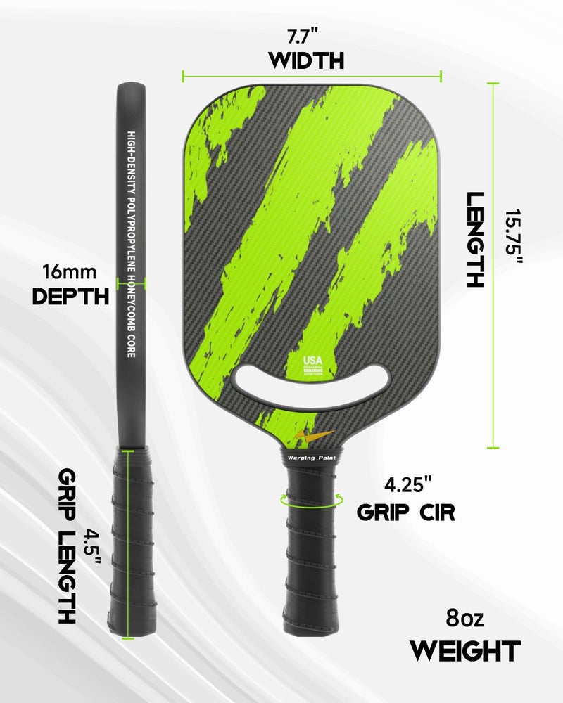 Warping Point Ascent Pickleball Paddles | Carbon Fiber Pickleball Racket with Aero Throat | Textured Grit Surface | 16mm Hexa Polymer Core | USAPA Approved | Designed for Control & Spin | Green - Image 5