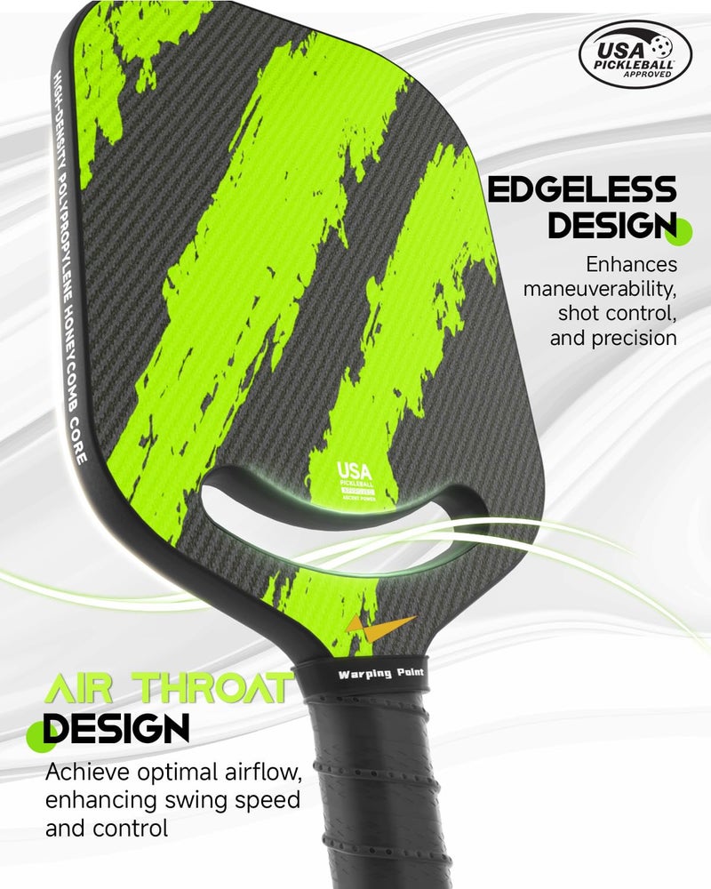 Warping Point Ascent Pickleball Paddles | Carbon Fiber Pickleball Racket with Aero Throat | Textured Grit Surface | 16mm Hexa Polymer Core | USAPA Approved | Designed for Control & Spin | Green - Image 3