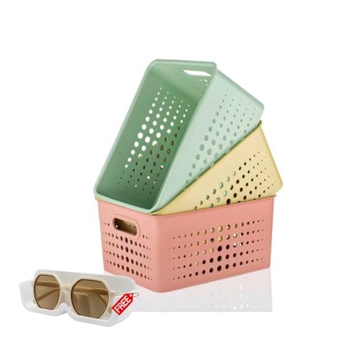 RUSHIL WERE 3 Pieces Plastic Storage Basket | Free 1 Wall Eyeglasses Holder | Multipurpose | For Wardrobe, Fruits & Vegetables, Stationary Items | 25.2 x 19.2 x 12.2 cm | Multicolor | Pack of 3 - Image 1