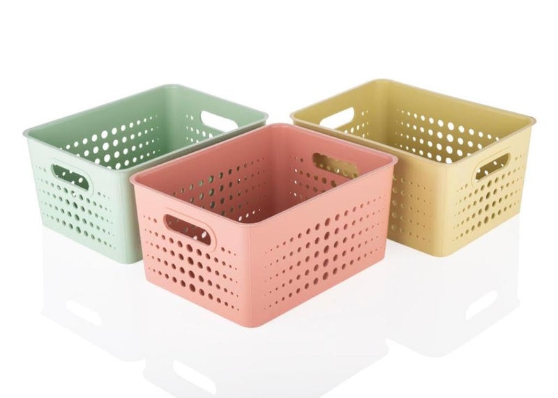 RUSHIL WERE 3 Pieces Plastic Storage Basket | Free 1 Wall Eyeglasses Holder | Multipurpose | For Wardrobe, Fruits & Vegetables, Stationary Items | 25.2 x 19.2 x 12.2 cm | Multicolor | Pack of 3 - Image 2
