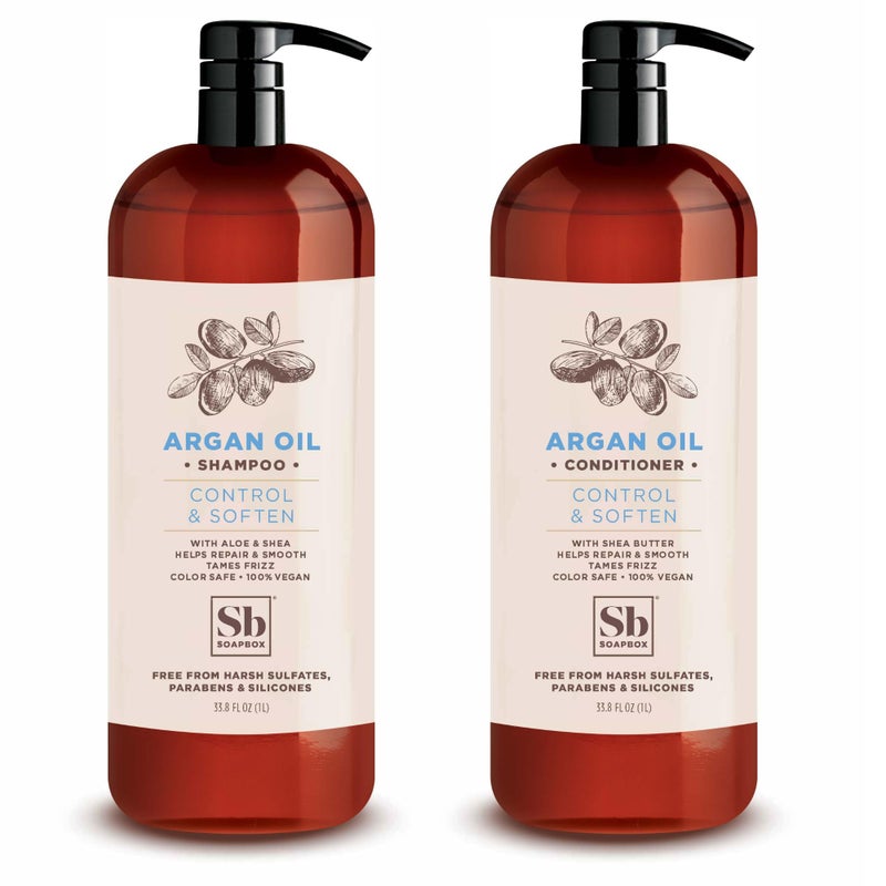 Soapbox Argan Shampoo & Conditioner Set, Volumizing, Vegan, Color Safe, Harsh Sulfate & Silicone Free, 1 Liter Each (Pack of 2) - Image 1