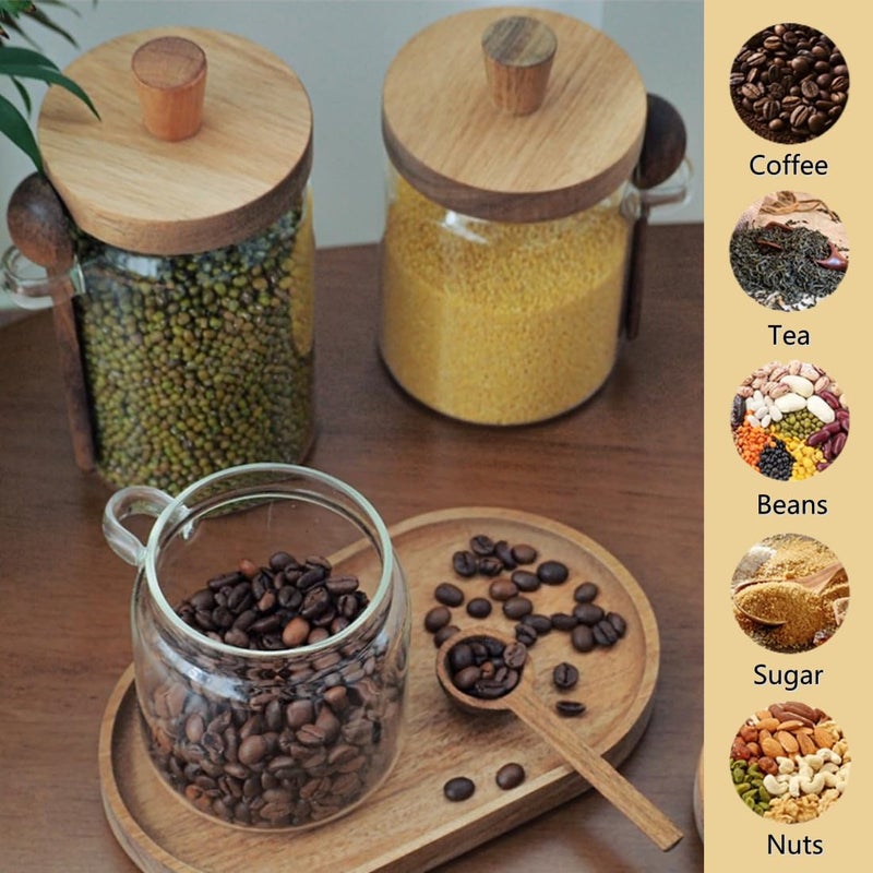 ANSQU Set of 2 Glass Food Storage Jars with Bamboo Wood Lid and Spoon  20.3oz Glass Kitchen Canisters for Coffee  Tea  Cereal  Spice and Canning  Mason Jars  Cute Jar - Image 4