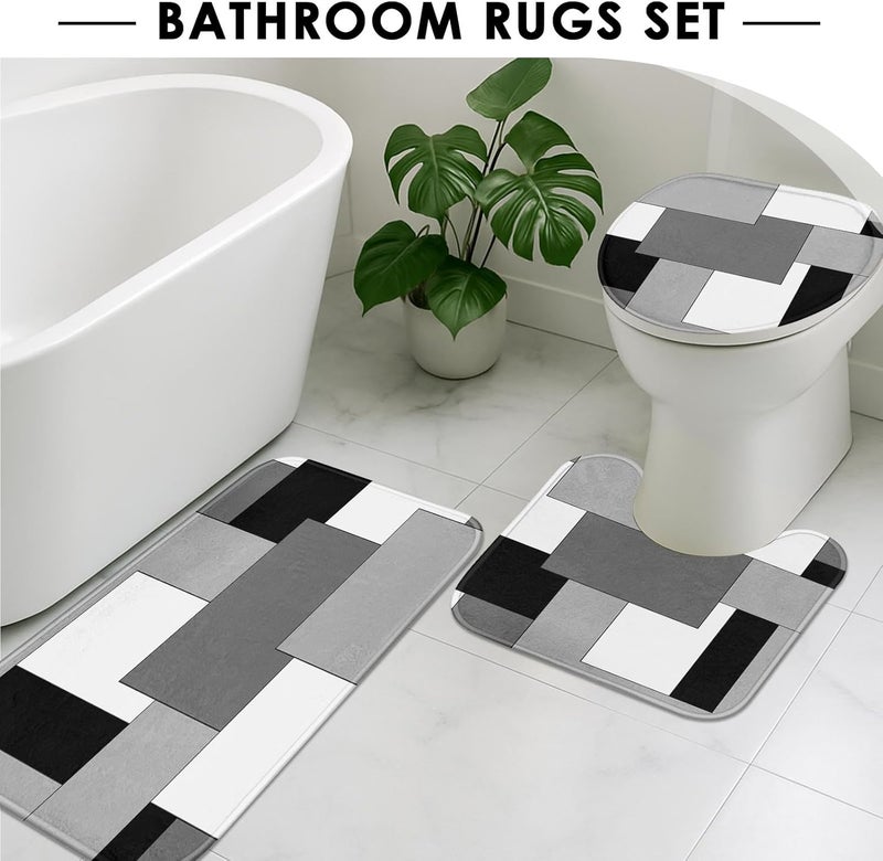 Tayney Grey Geometric Shower Curtain Set with Toilet Lid Cover and Non-Slip Rugs for Bathroom, Black White Checkered 4 Pcs Shower Curtain, Modern Abstract Bathroom Set with 12 Hooks - Image 5