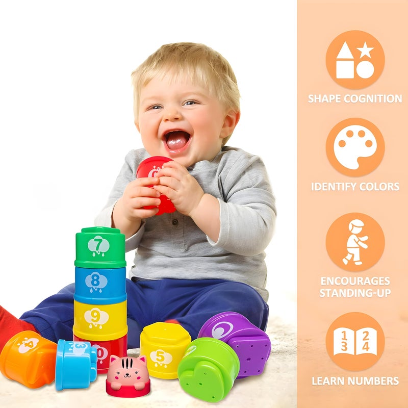 MOONTOY Stacking Cups Baby Toys 6 10 12 18 Months, Montessori Toys for 1 Year Old Toddler Learning Toy with Numbers Shapes Patterns, Baby Bath Toy 6-12 Months, Gifts for 1 2 3 Year Old Boys Girls - Image 2