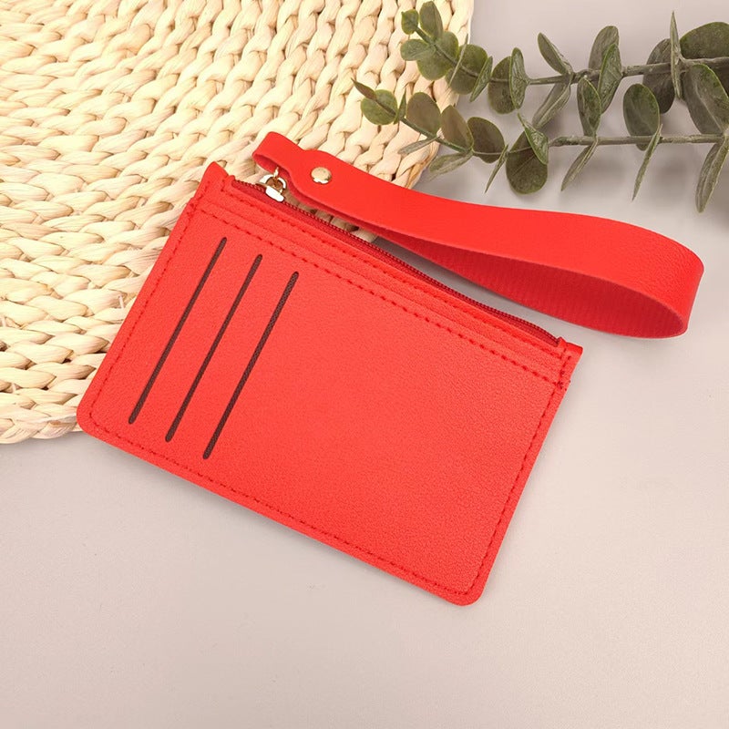 Ladies Slim Card Holder Wallet with Wrist Strap Zipper Short Style 019 Big Red