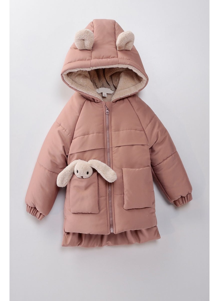 Podium Giyim - Podium Clothing Special Design Trend Cute Baby Toy Rabbit Furry Soft Fabric Pocket Hooded Winter Coat - Image 1