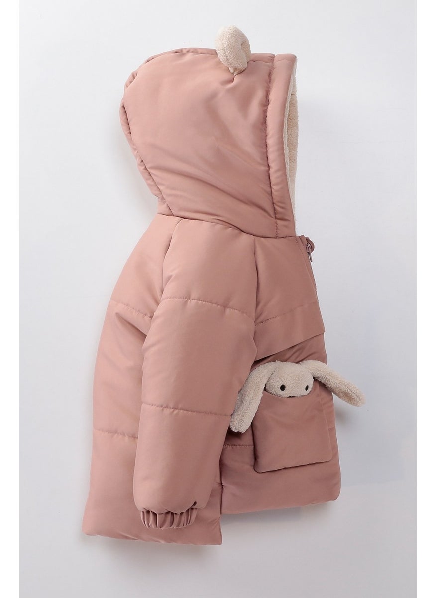 Podium Giyim - Podium Clothing Special Design Trend Cute Baby Toy Rabbit Furry Soft Fabric Pocket Hooded Winter Coat - Image 1