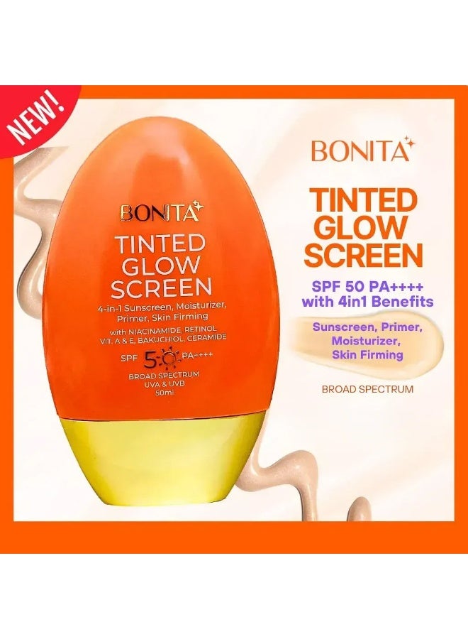 Bonita Glow Screen SPF 50 PA++++ Tinted Sunscreen And Primer 50ml, Daily Use Sun Care Solution With Retinol Bakuchiol And Vitamins, Creates Smooth Makeup Ready Skin While Providing Long Lasting Hydration And UV Defense - Image 1
