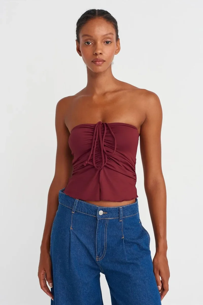 Dilvin Burgundy Red DILVIN Women’s Strapless Crop Blouse With Tie Detail for Women | Best Price UAE