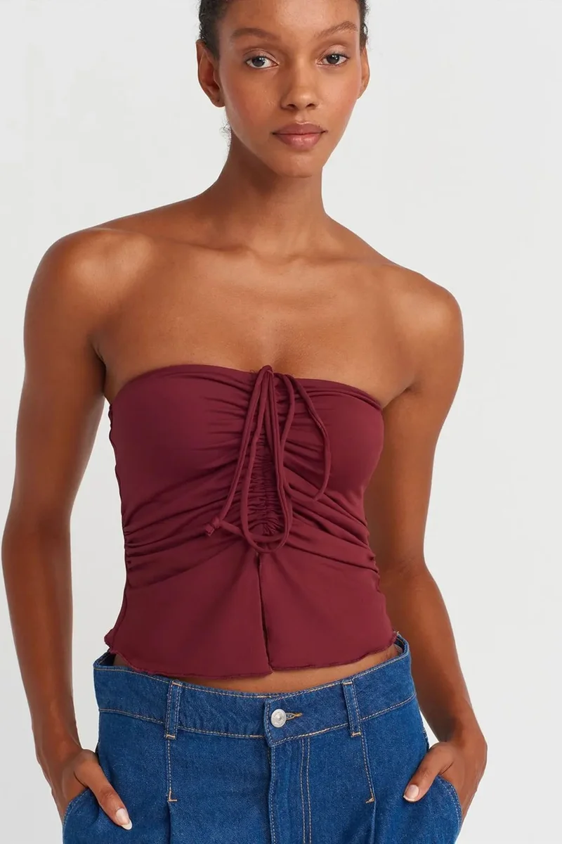 DILVIN Women’s Strapless Crop Blouse With Tie Detail