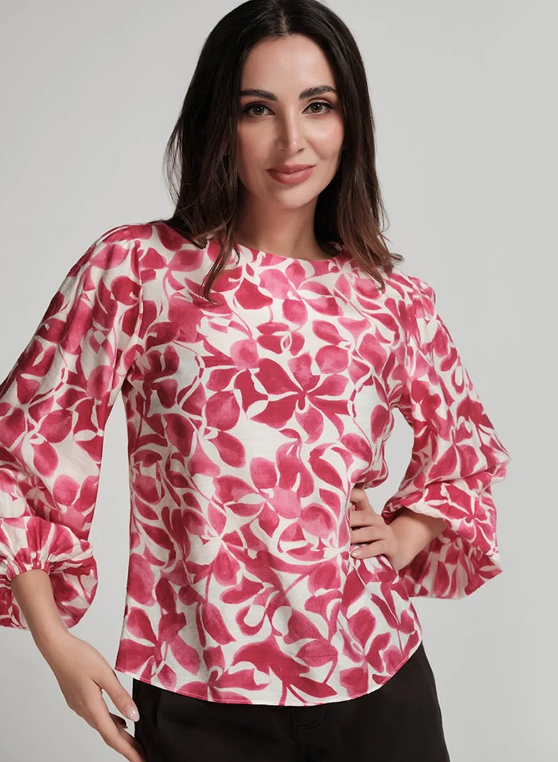 Zigzag Printed Puffed Sleeve Red Top