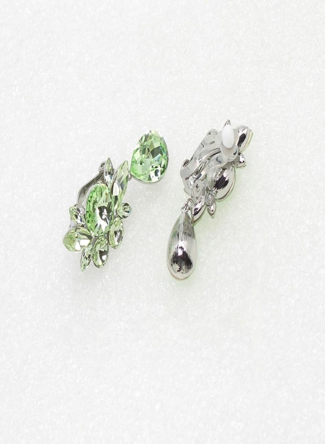 Faship Statement Light Peridot Premium Rhinestone Crystal Dangling Floral Clip On Earrings - Light Peridot - Image 4