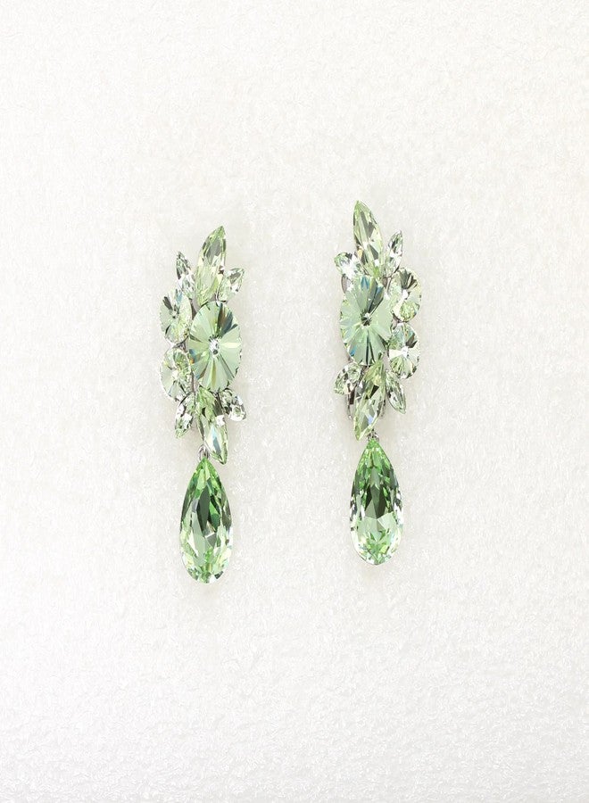 Faship Statement Light Peridot Premium Rhinestone Crystal Dangling Floral Clip On Earrings - Light Peridot - Image 2