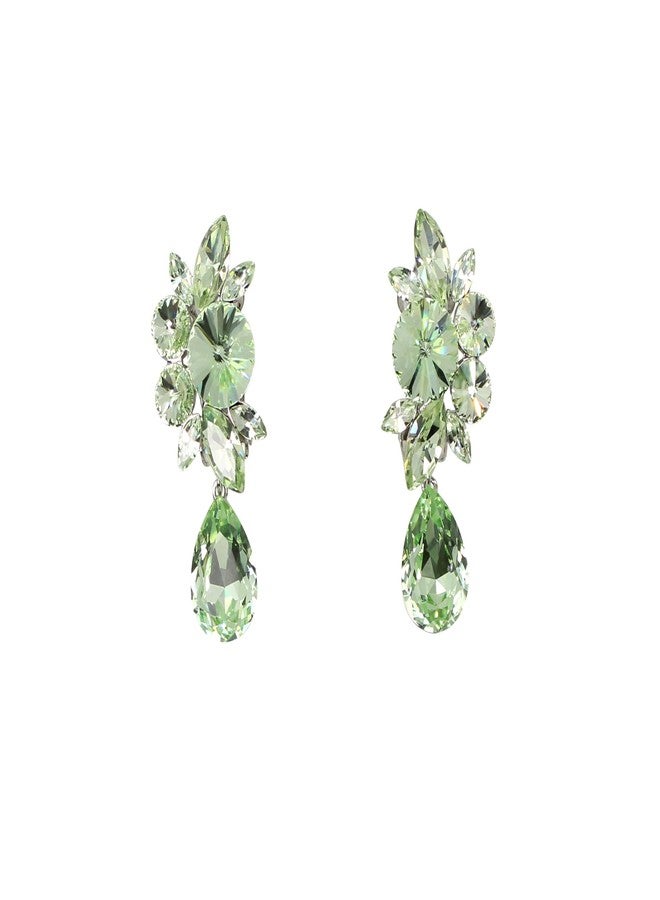 Faship Statement Light Peridot Premium Rhinestone Crystal Dangling Floral Clip On Earrings - Light Peridot - Image 1