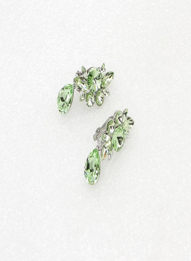 Faship Statement Light Peridot Premium Rhinestone Crystal Dangling Floral Clip On Earrings - Light Peridot - Image 3