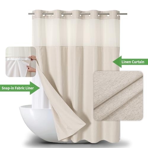 Eachope No Hooks Polyester Textured Shower Curtain with Snap-in Fabric Liner Set, Hotel Luxury Decor Shower Curtains for Bathroom with See Through Top Window, Waterproof & Washable, 71Wx74H, Cream - Image 2