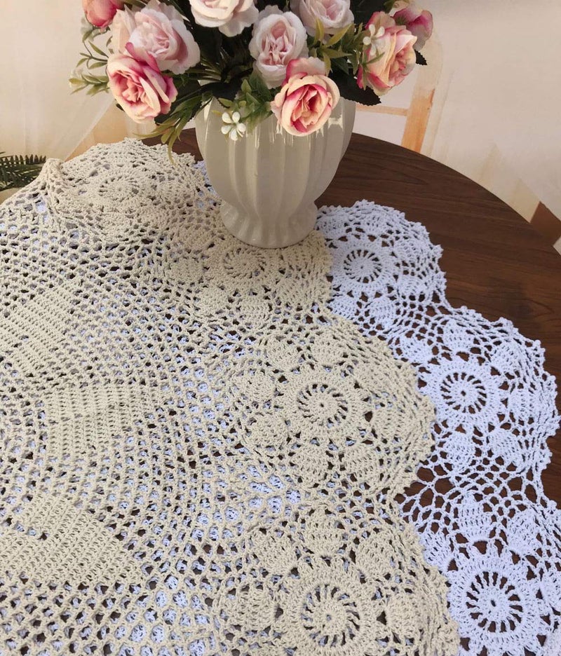 Damanni Beige Cotton Handmade Crochet Lace Tablecloth Doilies,Round,24 Inch - Image 4