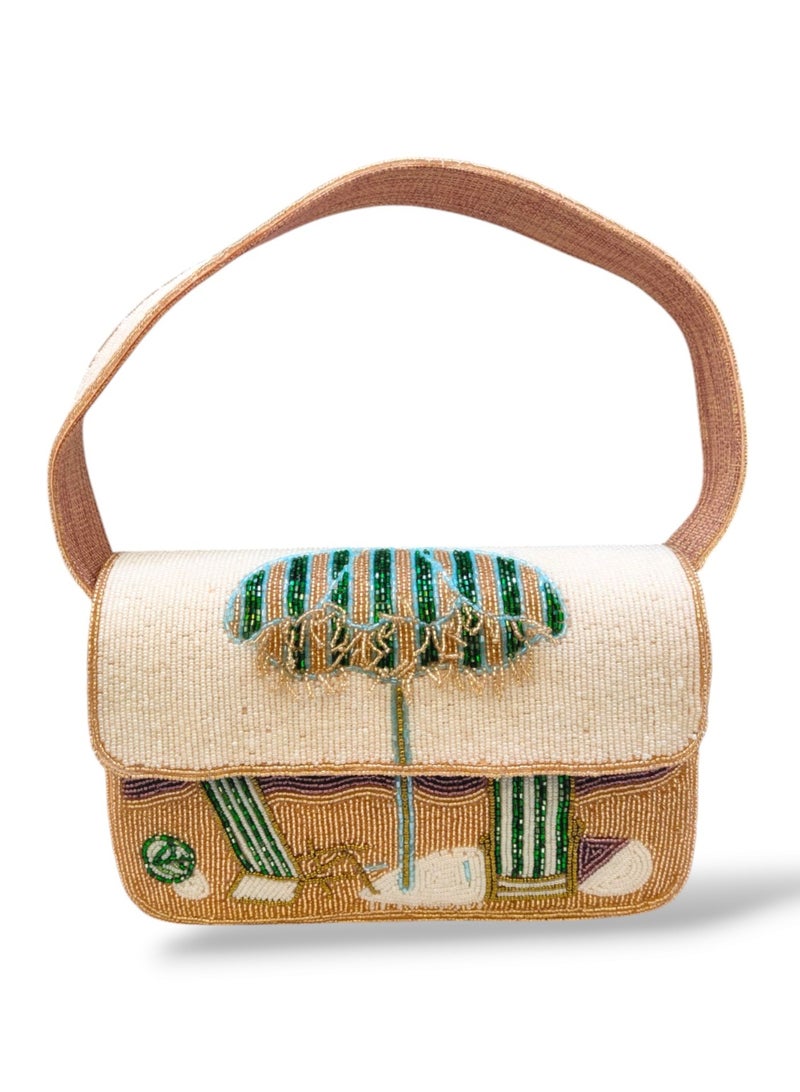 أركاد حقيبة كتف مطرزة يدوياً من أركاد – تصميم صيفي أنيق بمشهد الشاطئ للسيدات - Image 1