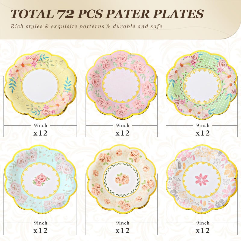 Maxcheck 72 Pcs 9 Inch Floral Paper Plates with Gold Rim Disposable Flower Plates for Tea Party Decorations Birthday Baby Shower Wedding Bridal Supplies - Image 2