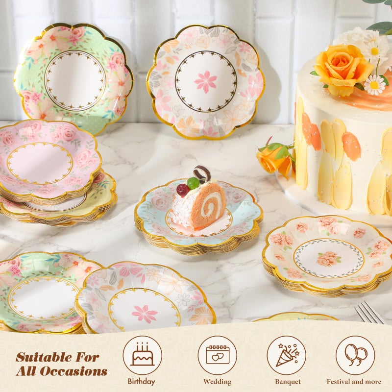 Maxcheck 72 Pcs 9 Inch Floral Paper Plates with Gold Rim Disposable Flower Plates for Tea Party Decorations Birthday Baby Shower Wedding Bridal Supplies - Image 4