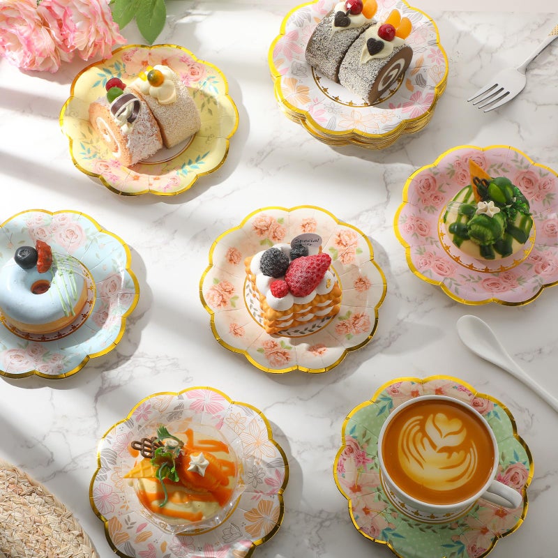 Maxcheck 72 Pcs 9 Inch Floral Paper Plates with Gold Rim Disposable Flower Plates for Tea Party Decorations Birthday Baby Shower Wedding Bridal Supplies - Image 5