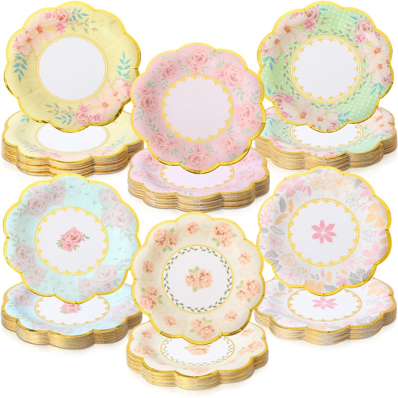 Maxcheck 72 Pcs 9 Inch Floral Paper Plates with Gold Rim Disposable Flower Plates for Tea Party Decorations Birthday Baby Shower Wedding Bridal Supplies - Image 1