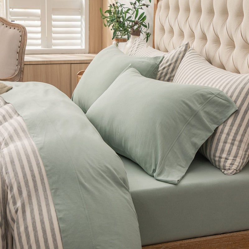 PURE ERA PURE ERA Jersey Knit 4pc Bed Sheet Set 100% T-Shirt Cotton Super Soft Comfy Breathable Fits Mattress Up to 20"" Extra Deep Pocket (Solid Sage Green  King)  - Image 1